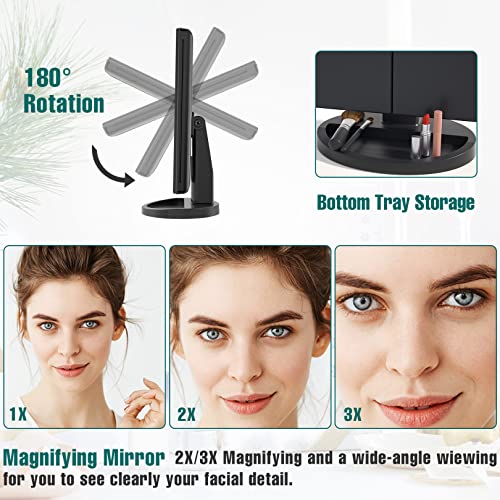 Lighted Makeup Mirror, 1-3X Magnifying Trifold LED Vanity Mirror | Vanity Mirror with Lights, 21 Bright LED Lights, Touch Control Dimmable Brightness, 180 ° Rotaion - color: Black