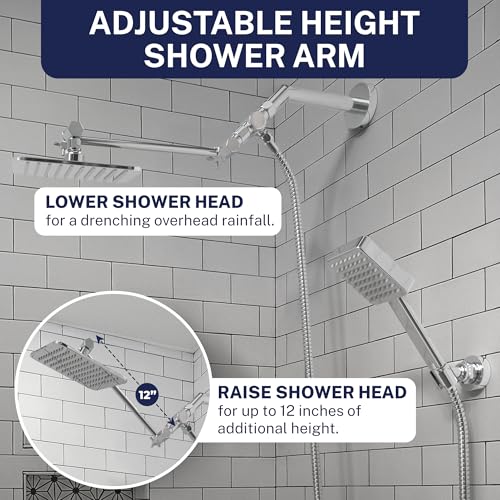 HammerHead® Solid Metal Dual Shower Head Combo — 8" Square Rain Shower Head with Handheld, 12" Adjustable Arm & Wall-Mount Holder for Flexible Installation — Chrome