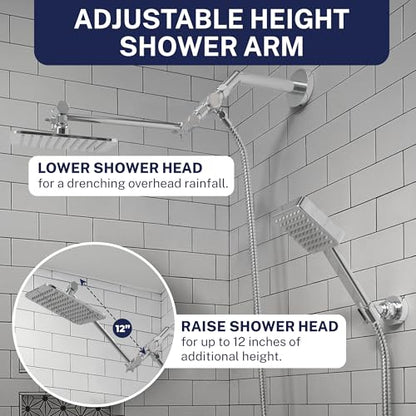 HammerHead® Solid Metal Dual Shower Head Combo — 8" Square Rain Shower Head with Handheld, 12" Adjustable Arm & Wall-Mount Holder for Flexible Installation — Chrome