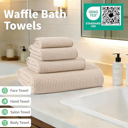 MICROFI Waffle Weave Bath Towel Set, Microfiber, 4 Pieces (Body/Hair/Hand/Face), Quick Dry, Lightweight, Super Absorbent, Lint Free, 380 GSM (Champagne) - color: Champagne