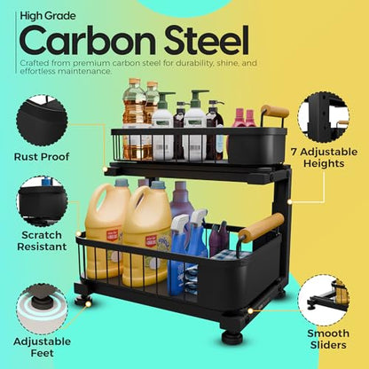 Premium Large Under Sink Organizer, 2-Tier Pull Out, Adjustable | Heavy-duty carbon steel, 7 adjustable heights and smooth ball-bearing sliding baskets for kitchen and bathroom cabinets