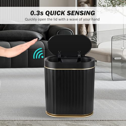ELPHECO Black Bathroom Trash Can with Lid 2 Gallon Sensor Trash Bin, Automatic Narrow Garbage Can, Waterproof Smart Trash Can, Slim Motion Sensor Waste Bins for Bathroom, Living Room, Office | Automatic Garbage Can, IPX5 Waterproof Plastic Wastebasket, Sl