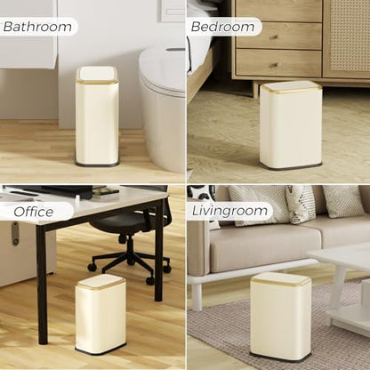 Bathroom Trash Can with Lid 8L/2.1 Gallon Beige Trash Can Small Garbage Can with Swing Top Lid Slim Stainless Steel Garbage Can with 100 Counts Trash Bags for Bathroom Bedroom Kitchen Office Toilet - color: Beige, size: Swing-Lid Trash Can