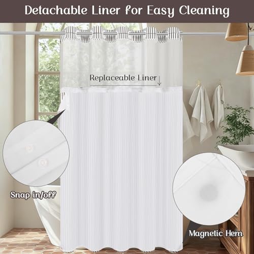 ASPMIZ Farmhouse Striped Shower Curtain and Liner Set No Hook, Brown 71x74 | No Hook Shower Curtain with Snap in Liner Fabric, Rustic Washable Waterproof Bathroom Curtains with Button, Mesh Top Window - color: Brown Striped, size: 71"W x 74"L (Pack of 1),