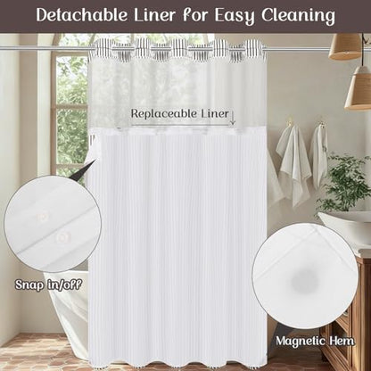 ASPMIZ Farmhouse Striped Shower Curtain and Liner Set No Hook, Brown 71x74 | No Hook Shower Curtain with Snap in Liner Fabric, Rustic Washable Waterproof Bathroom Curtains with Button, Mesh Top Window - color: Brown Striped, size: 71"W x 74"L (Pack of 1),