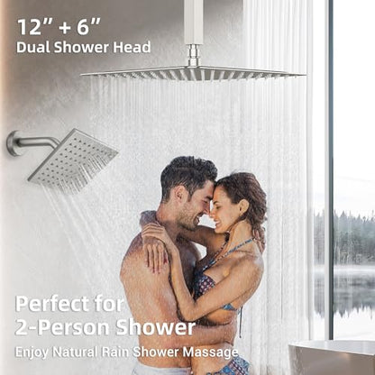 Dasan Brushed Nickel Dual Shower Heads System with Ceiling 12-Inch Rainfall Shower & Wall Mount 6-Inch High Pressure Shower Head, Full Body Dual Shower Head Set - color: Brushed Nickel