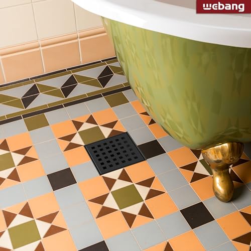 4 Inch Square Shower Drain Black Floor Drain with Flange Square Holes Pattern Cover Grate Removable SUS304 Stainless Steel Watermark&CUPC Certified Matte Black - color: Matte Black, size: 4 Inch