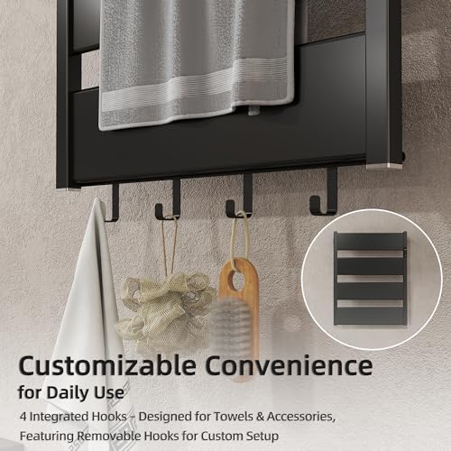 K&KALONZO Electric Heated Towel Rack, 2-Min Heat, Plug-in/Hardwired, H4-B | Wall Mounted, 10 Timers & 3 Heat Levels, 2H Rapid Dry, Anti-Scald, Aerospace Aluminum Towel Warmer for Bathroom, 4 Hooks, - color: Black, size: 4-Bar