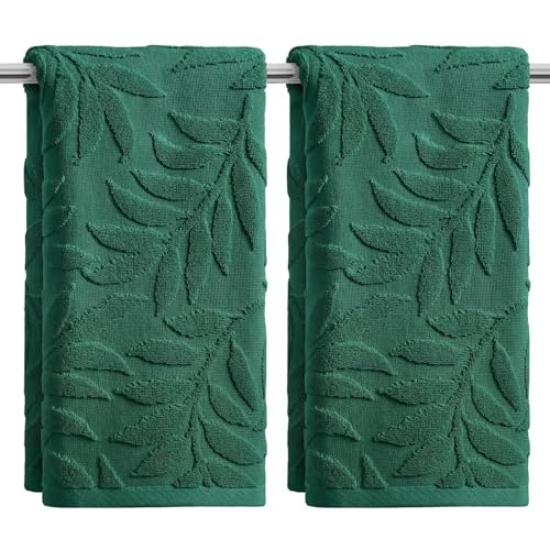 Artoid Mode 2 Pcs Dark Green 3D Leaves Jacquard Hand Towels for Bathroom, 100% Cotton Soft Absorbent Bathroom Decor Towels, 13.7 x 29.5 Inch - color: Dark Green, size: 13.7" x 29.5", 2PCS