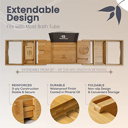 Bathtub Caddy – Natural Bamboo Bathtub Tray with Soap Holder – Durable Anti-Slip Bathtub Caddy Organizer – Extendable Bathroom Tray – Eco-Friendly and Safe Bamboo Organizer Tray
