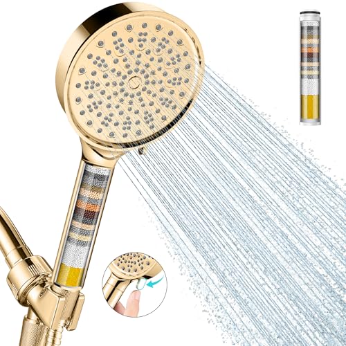 Cobbe Filtered Shower Head with Handheld, High Pressure 6 Spray Mode Showerhead with Filters, Water Softener Filters Beads for Hard Water - Remove Chlorine - Reduces Dry Itchy Skin, Egyptian Gold | High Pressure 6 Spray Mode Shower Head with Filters - Rem