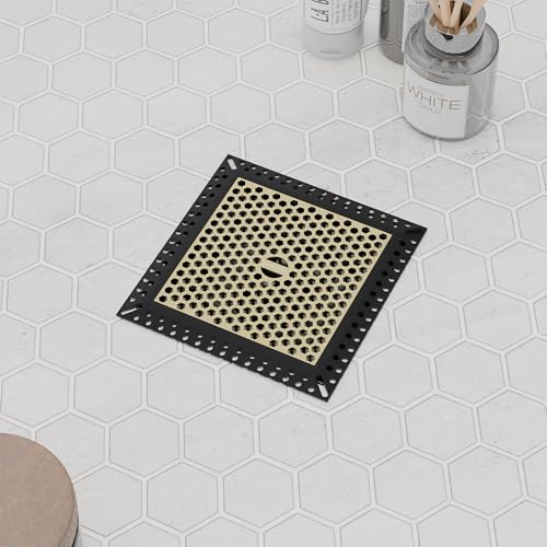 Not Moving Square Shower Drain Hair Catcher, Drain Cover, 4 inch | 304 Stainless Steel and TPE Material/ Efficient Drainage / Easy Clean / Anti-Clogging / Fits Bathroom Hair Catcher for Shower - color: Matte Black & Brushed Gold, size: 4 inch