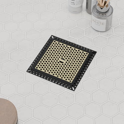 Not Moving Square Shower Drain Hair Catcher, Drain Cover, 4 inch | 304 Stainless Steel and TPE Material/ Efficient Drainage / Easy Clean / Anti-Clogging / Fits Bathroom Hair Catcher for Shower - color: Matte Black & Brushed Gold, size: 4 inch