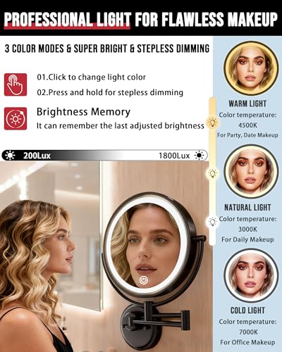 10" Large Brass Wall Mounted Lighted Makeup Mirror with 5X Magnification | 3 Color Touch Dimmable, 2-Sided Bathroom Vanity Extended Swing Arm 360 Rotation, Memory Function, Rechargeable, Matt Black - color: Matte Black