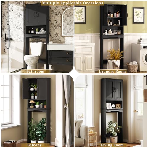 ROOMTEC Over The Toilet Storage Cabinet with Adjustable Shelf and Double Doors, Freestanding Bathroom Cabinet Organizer with Open Shelf, Home Space-Saving Toilet Rack for Restroom, Laundry, Black