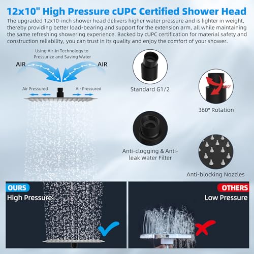Hibbent All Metal 12'' Rain Shower Head, 16'' Extension Arm, Matte Black | cUPC Certified High Pressure Rainfall Showerhead with Solid Brass Adjustable Shower Head Extension Arm, Fixed Showerheads - color: Matte Black, style: Square 12''
