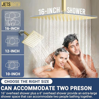 16" Thermostatic Dual Rainfall Head Shower System with Handheld & Valve, 16” Ceiling Shower Faucet Set with 6-Inch Shower Head, JetsBath Brushed Gold Full Body Shower System for Couples/ 2-Person - color: Brushed Gold