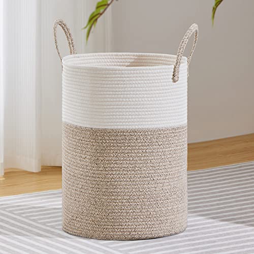 VIPOSCO 72L Tall Woven Laundry Basket Hamper, White Brown | Cotton rope laundry hamper, collapsible wicker basket, storage for blanket, toys, dirty clothes, for bedroom, bathroom - color: Brown, size: 72L
