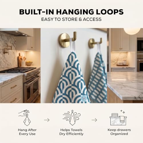 Kitchen Towels, Dish Towels for Kitchen, 2 Pc Kitchen Towel Set | Microfiber Waffle Towels, 16 x 26 inches, with Hanging Loops, Reusable Tea Towels, Cute Kitchen Towels - 2 Pack - color: Blue Geometric