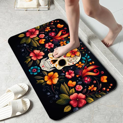 Skull Flowers Bathroom Mat, Non-Slip Rubber Backing Thin Low-Profile Bath Rug, Easy-Clean Bathroom Floor Mat for Shower, Bathtub, Kitchen, or Entryway - color: Skull Flowers
