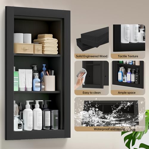 Recessed Medicine Cabinet,14x24 Recessed Wall Niche Medicine Cabinet Replacement, Water-Proof Wood Wall Niche for Bathroom/Hallway, Black - color: Black, size: 14x24