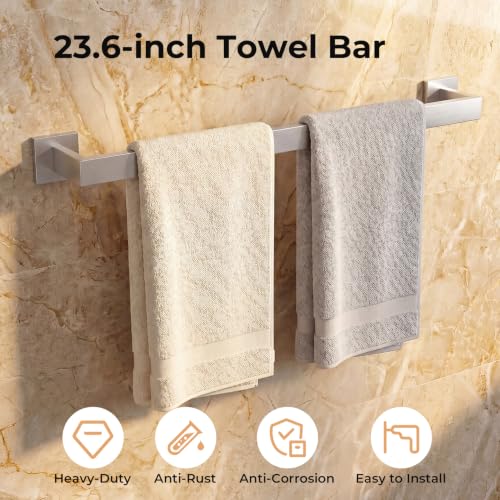 5-Piece Bathroom Hardware Set, 23.6 Inch Towel Bar Set SUS304 Stainless Steel Towel Racks for Bathroom Round Towel Bar, Towel Ring, Toilet Paper Holder, 2 Robe Hooks, Wall Mounted (Brushed Nickel) - color: Brushed Nickel, size: 5 pack