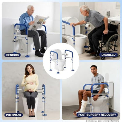 Foldable Toilet Safety Rails for Seniors, Height & Width Adjustable | Safety Frame & Toilet Handles for Elderly & Disabled, Fits Most Toilets, 350lb Capacity, Blue - color: Blue
