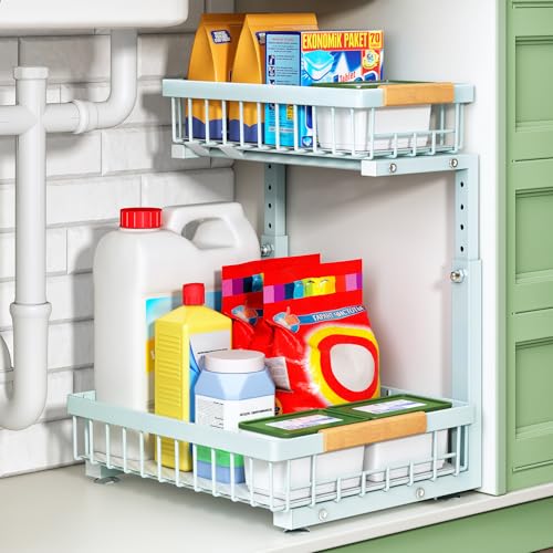 Kitstorack Under Sink Organizer, 2 Tier Under the Sink Storage, Slide out Pull out Cabinet Organizer Shelf, Metal Sliding Drawer for Kitchen Bathroom Pantry Closet Organization Rack, Blue, 1 Pack - color: Blue, size: 1 Pack