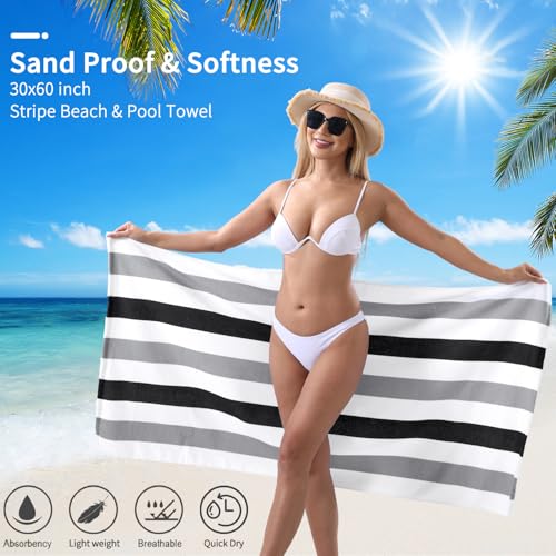 Beach Towel Set-4 Pack 30"x60" Sand Free Stripe Beach Towel for Pool,Bathroom,Soft Absorbent Quick Dry Lightweight Beach Bath Towel,Camping Blanket,Travel Towel,Beach Essentials for Adults,Grey/Black - color: Grey/Black