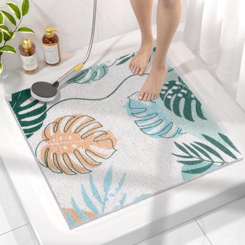 Square Shower Mat, Yonala 24 x 24 Inch Stylish Non Slip Square Bath Mats for Walk in Shower Stall, Soft PVC Loofah Anti Slip Shower Mat for Elderly, Shower Floor Mat for Tile Floor - color: Green Leaf, size: 24" x 24" (Square)