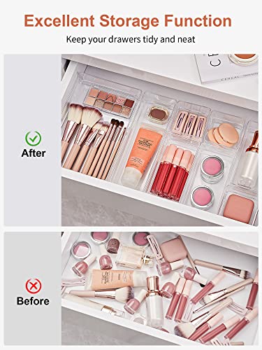 SMARTAKE 22 PCS Drawer Organizer, 4-Size Desk Bathroom Drawer Organizer | 4-Size Storage Tray with Non-Slip Silicone Pads for Makeup, Jewelries, Utensils in Bedroom Dresser, Office and Kitchen, Clear - size: Large