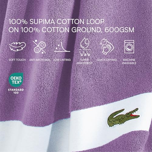 Lacoste Sport Stripe 6-Piece Luxury Cotton Towel Set – Made with 100% Soft Supima Cotton, Absorbent & Quick-Drying, Includes 2 Bath Towels, 2 Hand Towels, 2 Washcloths, Heather - color: Heather