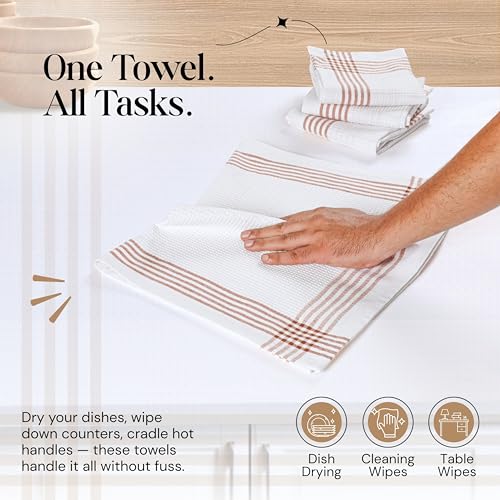 Brown and White Cotton Kitchen Towels 5 Pack, Waffle Weave, 16x26 Inch, Super Absorbent, Reversible, Quick Dry Dishcloths for Drying Dishes, Cleaning, Reusable, Everyday Use - color: Brown, White, style: 5 Pack