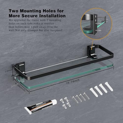Bathroom Wall Shelf 15.7in Bathroom Glass Shelves Wall Mount Glass Shelf Rustproof Bathroom Wall Organizer 3 Tier (Black) - style: 3 tier without towel bar black