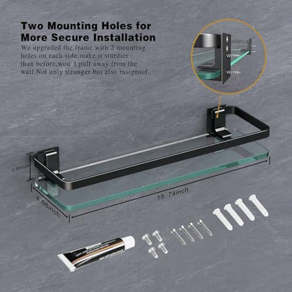 Bathroom Wall Shelf 15.7in Bathroom Glass Shelves Wall Mount Glass Shelf Rustproof Bathroom Wall Organizer 3 Tier (Black) - style: 3 tier without towel bar black