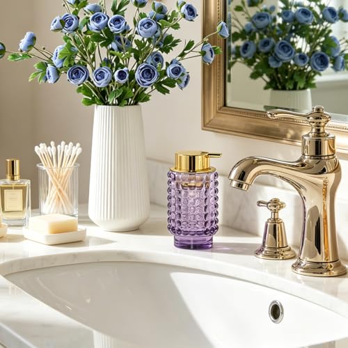 Glass Foaming Soap Dispenser, Purple Foam Hand Soap Dispenser, Bathroom 12 Oz Large Bottle with Gold Pump, Refillable Lotion Pump Container for Bathroom, Kitchen,Hand Soap, Dish Soap, Shampoo - color: Purple