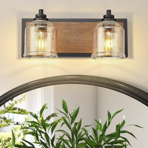 16" 2-Light Farmhouse Bathroom Vanity Light with Bubble Glass, Brown | Farmhouse Rustic style, Metal base with hand-painted wood grain, E26 Ceramic Base(no bulb), UL&ETL, mount up/down,over mirror - color: Brown, size: 2-Light