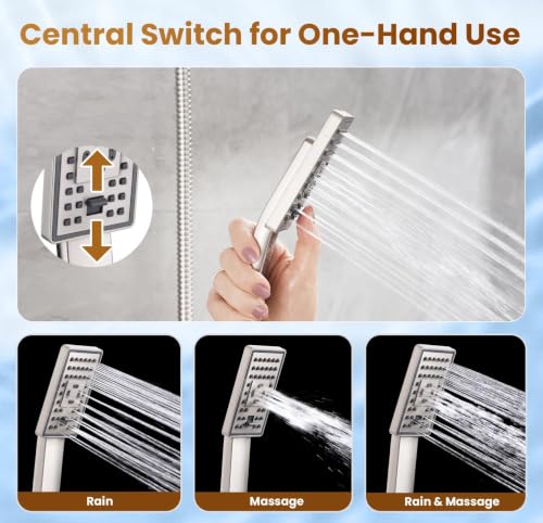 BRIGHT SHOWERS Rain Shower Head with Handheld Spray, 8 Inch Rainfall Shower Head Combo with 60" Hose, Adjustable Dual Square Showerhead Set with 3-Way Diverter, Wall Bracket, Brushed Nickel - color: Brushed Nickel, style: Dual Shower Head
