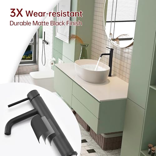 SUMERAIN Matte Black Tall BathroomVessel Sink Faucet | Single Handle Single Hole, 304 Stainless Steel, Lead-Free, Water-Saving, with Faucet Supply Lines, Easy DIY Install - color: Matte Black, size: Vessel Sink faucet
