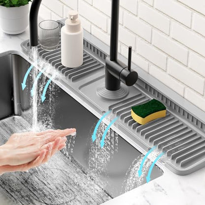 24'' Longer Faucet Mat for Kitchen Sink Splash Guard[7° Slope Fast Self-draining][Snap Lock Fit]Kitchen Sink Faucet Mat Splash Guard Kitchen Sink Area Water Splash Guard Behind Faucet Draining Mat - color: Gray, size: 24" x 5.5"