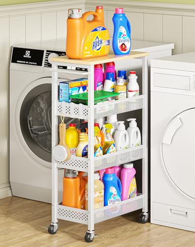 OKZEST 4-Tier Slim Rolling Storage Cart for Laundry Room, Bathroom, Kitchen | Upgraded metal hub casters, Narrow utility cart for small space/gaps, Premium wood top & metal mesh shelf, with handle & hook - color: White, size: 9.1 Inch Wide