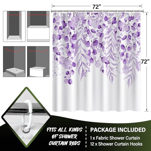 KAIRA Purple Eucalyptus Shower Curtain, Watercolor Plant Leaves with Floral Shower Curtain,72 x 72 Inches, Easy to Clean Waterproof Polyester Fabric Includes 12 Hooks - color: Purple