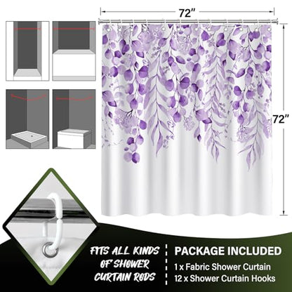 KAIRA Purple Eucalyptus Shower Curtain, Watercolor Plant Leaves with Floral Shower Curtain,72 x 72 Inches, Easy to Clean Waterproof Polyester Fabric Includes 12 Hooks - color: Purple