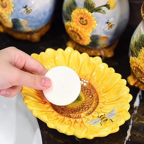 Ceramic Sunflower Bathroom Accessories Set, 4 Piece Bathroom Ensemble Set with Toothbrush Holder, Toothbrush Cup, Soap Dispenser, Soap Dish - color: Yellow