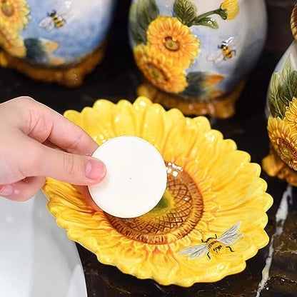 Ceramic Sunflower Bathroom Accessories Set, 4 Piece Bathroom Ensemble Set with Toothbrush Holder, Toothbrush Cup, Soap Dispenser, Soap Dish - color: Yellow