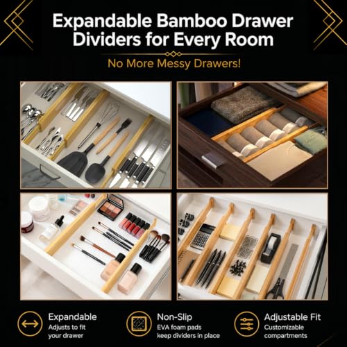Adjustable Bamboo Drawer Dividers Expandable 8 Pack 17-22 Organizer | Kitchen, Dresser, Closet, Bathroom, Bedroom & Office Storage, Solid Moso Bamboo, Spring-Loaded, 80 Labels