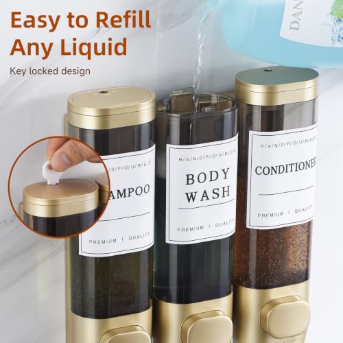 Shampoo and Conditioner Dispenser,Shower Soap Dispenser 3 Chamber No Drill Wall-Mounted for Bathroom & Hotel Leak-Proof Pumps, for Thick Liquids Like Conditioner - 1050ML High Capacity,Gold - color: Gold