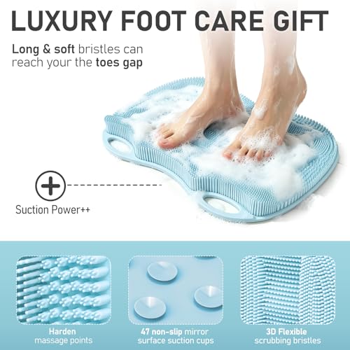 Silicone Shower Foot Scrubber Mat XL with Non-Slip Suction Cups | Feet Toes Deep Clean Exfoliate Massage Brush without Bending, Use in Shower Bathtub Floor Bathroom Safe 17.4*13.4" Light Blue - color: 17.4*13.4" Light Blue