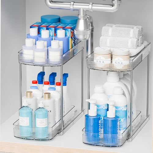 2 Pack Large Pull Out Bathroom Organizers and Storage,2 Tier 12.8″ Tall Sliding Kitchen Under Sink Organizer for Cleaning Products Storage,Acrylic Clear Bathroom inder Sink Organizer,Undersink Storage - style: 2 Pack-2 Tier