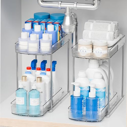 2 Pack Large Pull Out Bathroom Organizers and Storage,2 Tier 12.8″ Tall Sliding Kitchen Under Sink Organizer for Cleaning Products Storage,Acrylic Clear Bathroom inder Sink Organizer,Undersink Storage - style: 2 Pack-2 Tier
